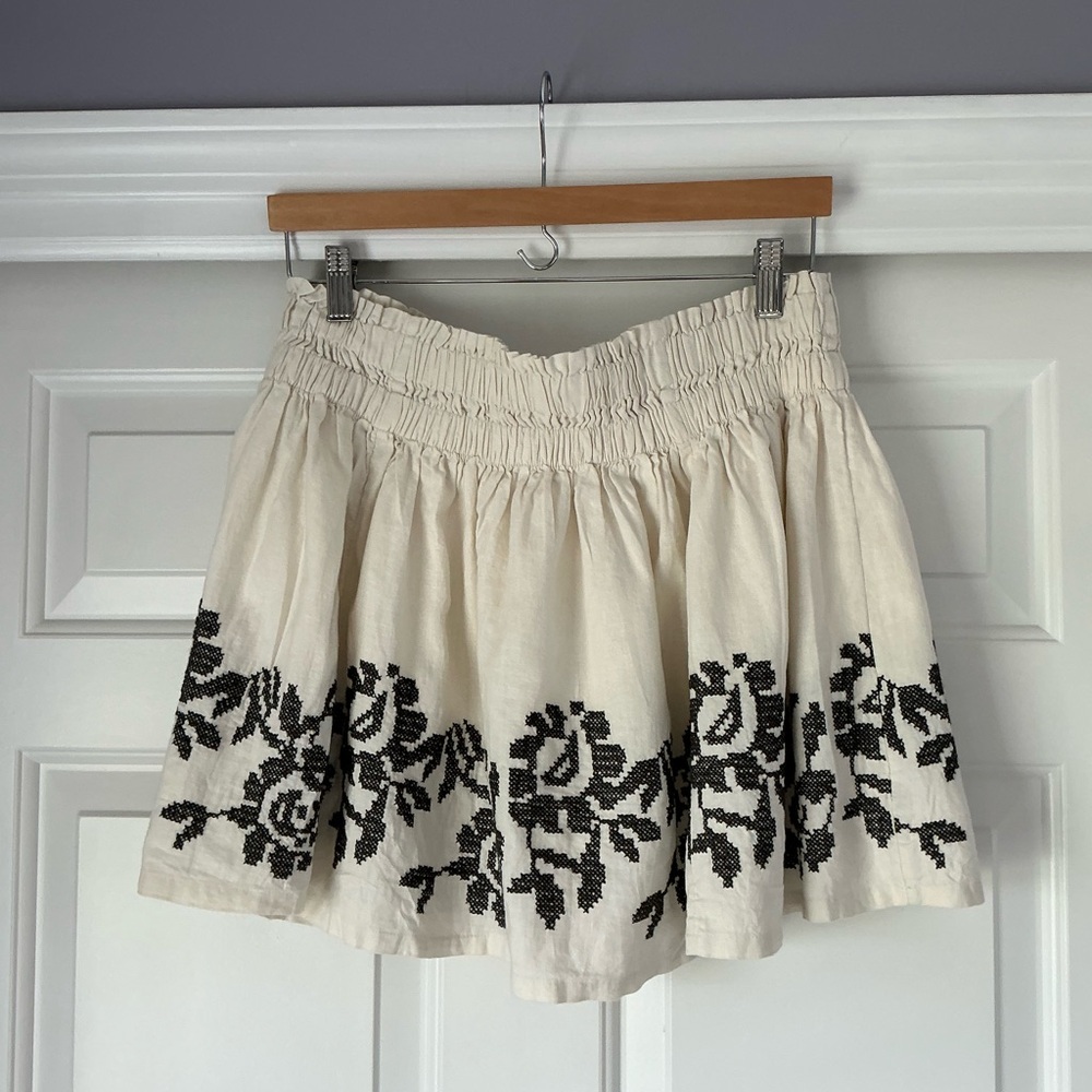 aerie Cream Linen Blend Black Floral Cross Stitching Embroidery Mini Skirt L